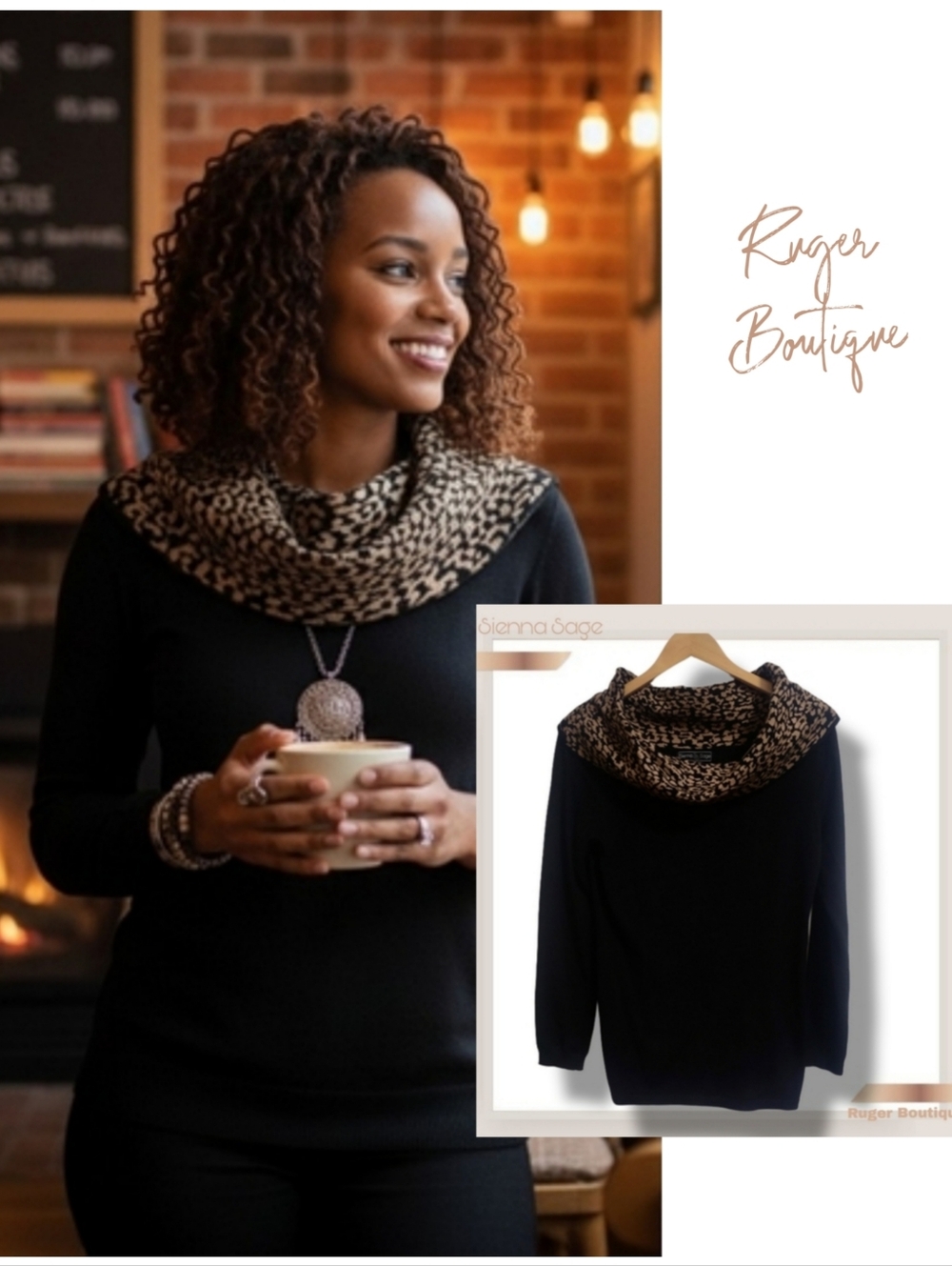 🌿Wild Comfort: Sienna Sage Women's Medium Cowl Neck Leopard Sweater